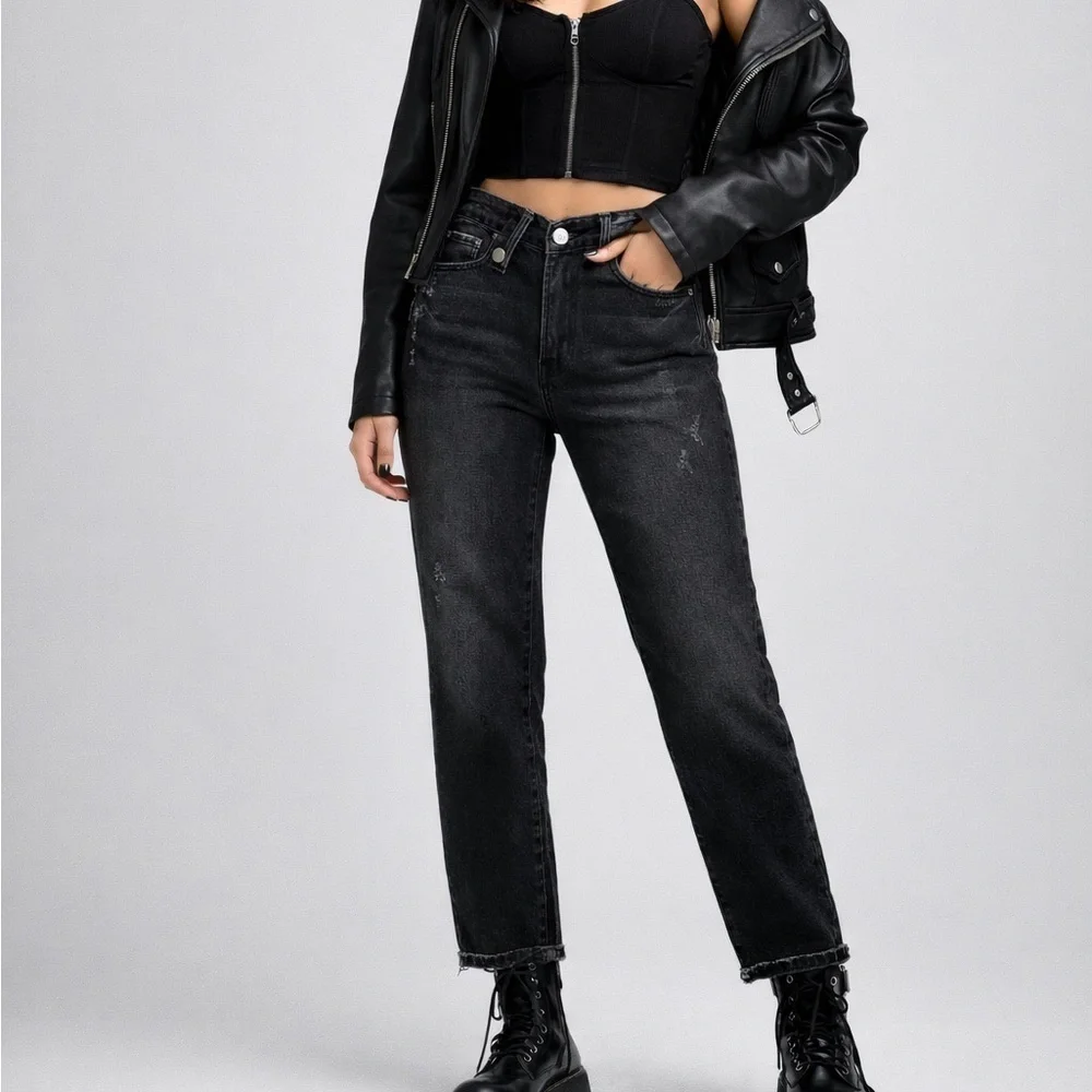 Pistola Nico High Rise Mom Jeans Black Shadow Wash Distressed Straight Leg 27x27